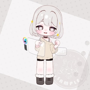 K&ouml;nnte beinhalten: Illustration einer Zeichentrickfigur mit wei&szlig;en Haaren, die einen beigen Pullover, schwarze Shorts und braune Stiefel tr&auml;gt. Die Figur h&auml;lt zwei transparente Rechtecke und einen kleinen Bildschirm mit Farboptionen.