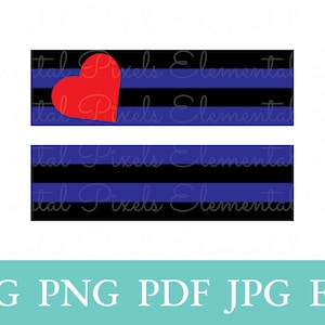 May include: A digital illustration of a red heart on a blue and black striped background. The background is a representation of the "bear pride" flag.