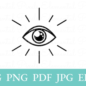 May include: A black and white graphic of an eye with radiating lines, suggesting vision or insight. Below the image, the text reads "SVG PNG PDF JPG EPS" in white letters on a teal background.