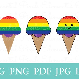 May include: Three ice cream cones with rainbow colored ice cream. The ice cream is in the colors of the rainbow flag. The cone on the right has a smiley face.