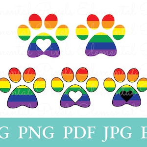 Puede incluir: Varios diseños de huellas de patas de arcoíris, cada uno con un recorte en forma de corazón o un corazón negro. Las huellas de las patas son de los colores del arcoíris. La parte inferior de la imagen muestra el texto "SVG PNG PDF JPG EPS".
