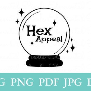 May include: Black and white graphic of a crystal ball with the words "Hex Appeal" inside. The crystal ball has sparkling star accents. Below the image are the file types: SVG, PNG, PDF, JPG, and EPS.