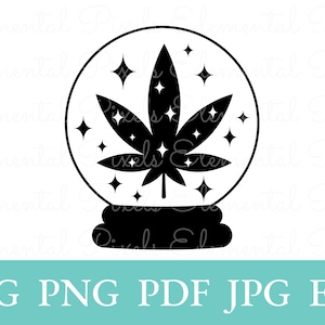 Könnte beinhalten: Schwarz-weiße Grafik eines Cannabisblattes in einer Kristallkugel, umgeben von Sternen. Die Kristallkugel steht auf einem Sockel. Darunter steht: SVG PNG PDF JPG EPS.