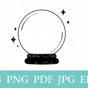 Peut inclure: Une illustration en noir et blanc d'une boule de cristal avec un socle. La boule de cristal est entourée de petites étoiles.