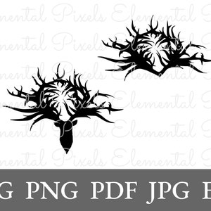 May include: A black and white silhouette of a deer head with large antlers. The antlers are stylized and resemble branches.
