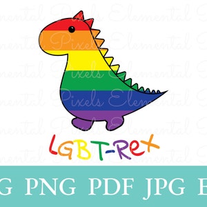 Pode incluir: Um dinossauro de desenho animado com cores de arco-íris com o texto "LGBT-Rex" embaixo.