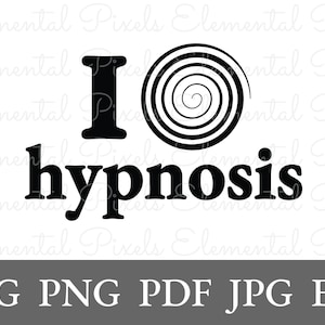 以下が含まれることがあります： 「I hypnosis」の文字と渦巻き模様をあしらった白黒のグラフィックデザイン。下部にはSVG、PNG、PDF、JPG、EPSのファイル形式オプションが記載されています。