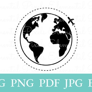 Puede incluir: Ilustración en blanco y negro de un globo terráqueo con una línea discontinua alrededor, que representa una ruta de vuelo. Un pequeño icono de avión vuela sobre el globo.