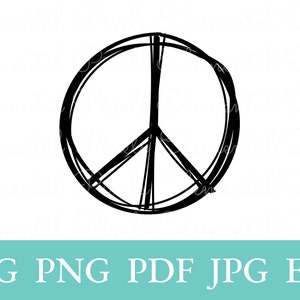 Könnte beinhalten: Ein schwarz-weißes Peace-Zeichen, das in einem gekritzelten Stil gezeichnet ist.