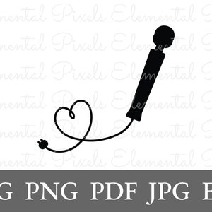 Op de afbeelding: Een zwart silhouet van een hartvormig snoer dat is verbonden met een handmatige massager met een ronde kop.