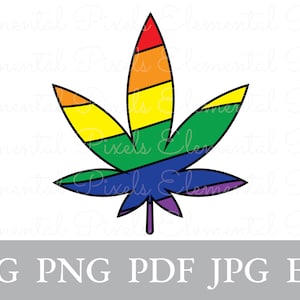 May include: A cannabis leaf design in the colors of the rainbow, representing LGBTQ+ pride. The leaf has a black outline and is divided into sections of red, orange, yellow, green, blue, and purple. The image also includes the text "SVG PNG PDF JPG EPS".