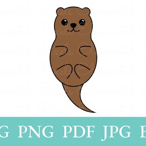 May include: A cartoon illustration of a brown otter with a smiling face, black eyes, and a long tail. The otter is in a vertical pose, with its belly facing the viewer. The image includes the text "SVG PNG PDF JPG EPS" at the bottom.