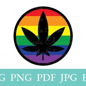 May include: A black marijuana leaf silhouette on a circle with a rainbow background. The colours of the rainbow are red, orange, yellow, green, blue, indigo, and violet.