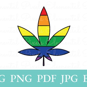May include: A cannabis leaf design in the colors of the rainbow, with a black outline. The image includes the text "SVG PNG PDF JPG EPS" at the bottom. The design is suitable for various digital applications.