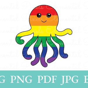 Może przedstawiać: Ilustracja kreskówki ośmiornicy w tęczowych kolorach, z uśmiechniętą twarzą i czarnymi oczami. Obraz zawiera tekst "SVG PNG PDF JPG EPS" w turkusowym banerze na dole.