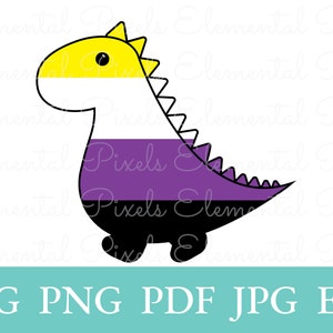 May include: A cartoon dinosaur illustration in the non-binary pride flag colors: yellow, white, purple, and black. The dinosaur has a yellow head, white body, purple midsection, and black legs. The image includes the text "SVG PNG PDF JPG EPS".