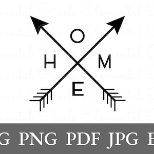 May include: Black and white graphic design with two arrows pointing in opposite directions, forming an 'X' shape. The word 'HOME' is written in the center of the design.
