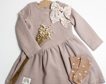 Autumn dress made of muslin in different variations. Girls' dress made of 100% cotton