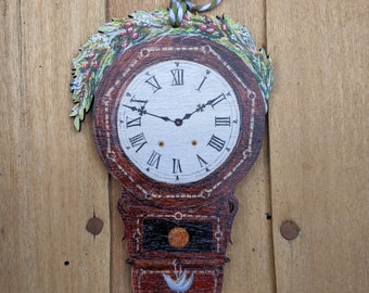 Victorian Clock hanging decoration, wooden ornament.