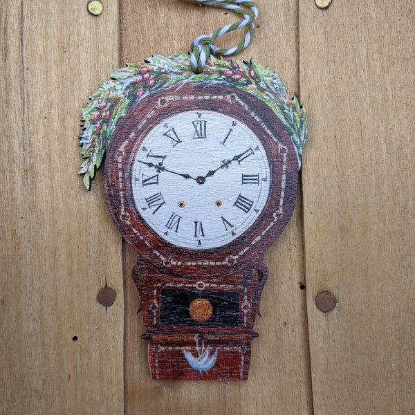 Victorian Clock hanging decoration, wooden ornament.