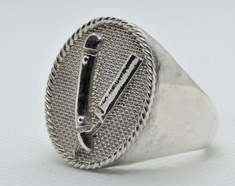 Handmade Sterling Silver Barber Razor Signet Ring -  Gothic Style