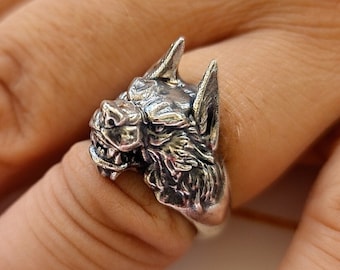 Anillo de lobo hecho a mano - Joyería de animales tallada a mano única - Plata de ley - Regalo perfecto para los amantes de la naturaleza - Joyería gótica para hombres y mujeres