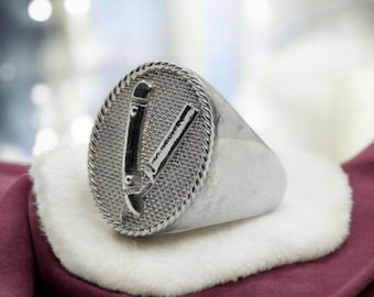 Handmade Sterling Silver Barber Razor Signet Ring -  Gothic Style