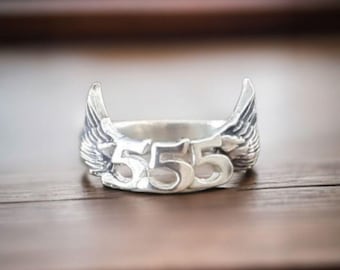 Sterling Silver 555 Angel Number Ring with Wings – Spiritual Transformation Jewelry
