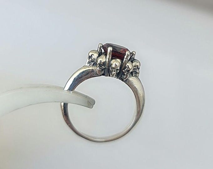 Handmade Gothic Skull Sterling Silver Solitaire Ring with Zircon