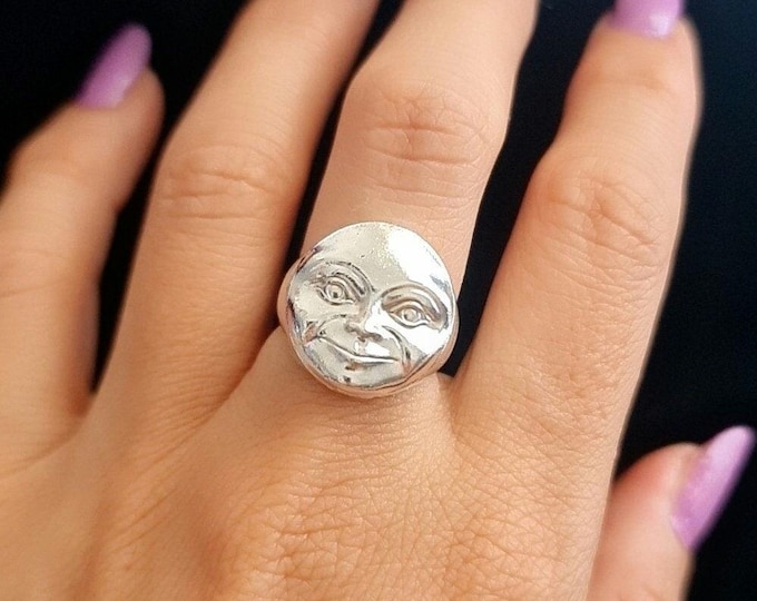 Handcrafted Sterling Silver Full Moonface Ring - Celestial Jewelry