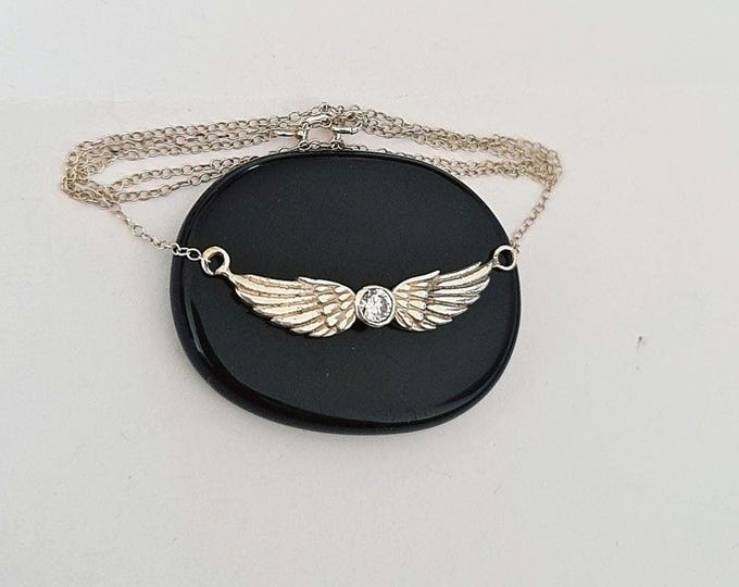 Sterling Silver Angel Wing Necklace: Crystal Guardian Angel Pendant