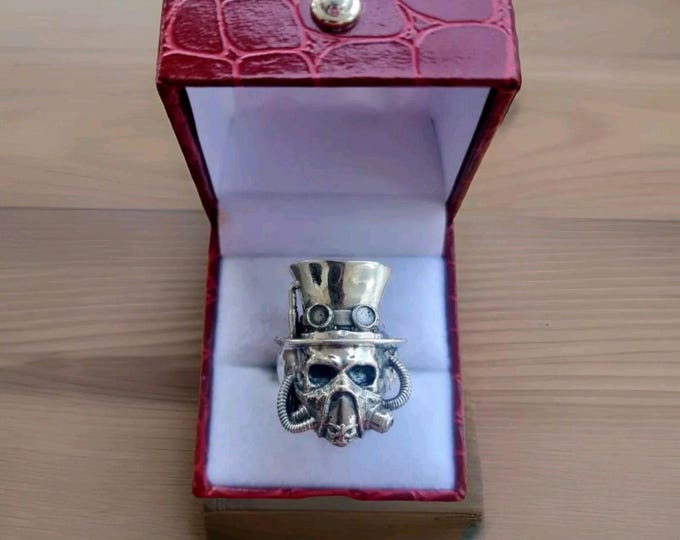 Steampunk-Inspired Silver Skull Ring -  stylish  Gothic solid & Sturdy  Sterling Silver