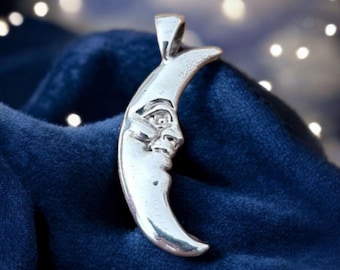 Crescent half Moon Face  Pendant in  925 Sterling Silver - Unique Handcrafted
