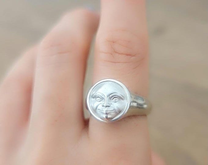 Handmade Sterling Silver Full Moon Face Ring: Celestial Jewelry