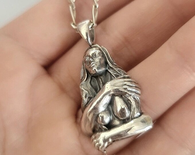 Retro topless godess held by man's arms- Pendant in 925  Sterling Silver -Unique Handcrafted Gift for Her or him