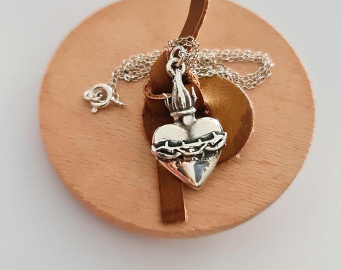 Sterling Silver Sacred Heart Necklace: Flame & Thorns, Catholic Gift