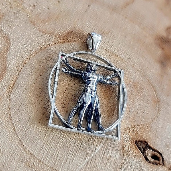 Pendentif en argent fait main homme de Vitruve - Collier en argent sterling avec art de la Renaissance de Léonard de Vinci - Bijoux uniques pour hommes