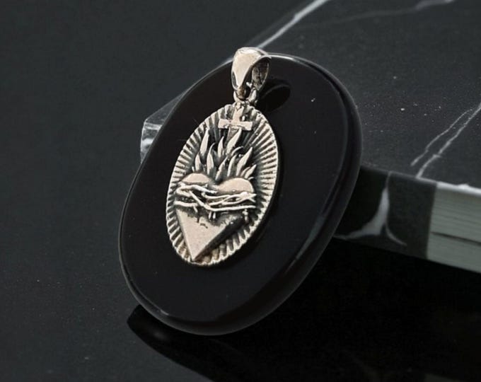Sterling Silver Sacred Heart Pendant with Flames and Cross – Catholic Christian Necklace