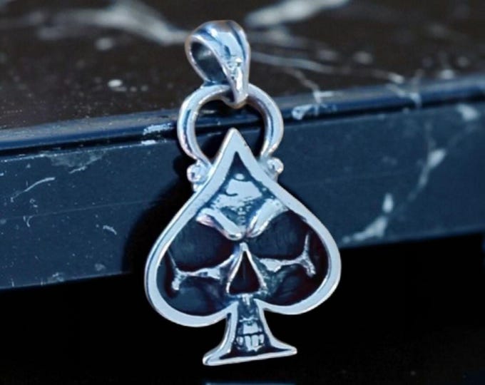 Handmade Sterling Silver Ace of Spades Skull Pendant: Gothic Punk Jewelry