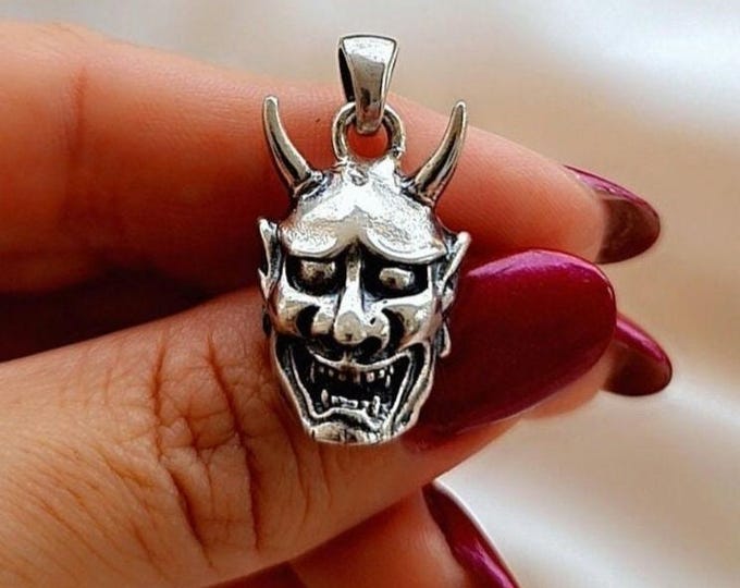Sterling Silver Japanese Oni Mask Pendant: Gothic Biker Jewelry