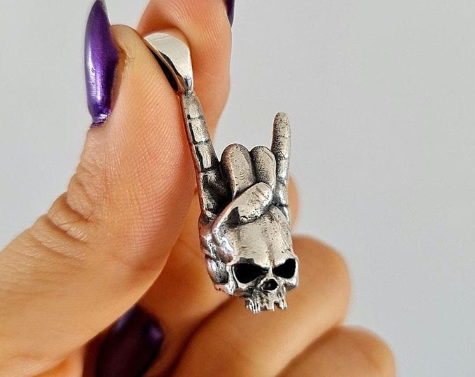 Sterling Silver Gesture Rock On Skull Pendant: Punk Gothic Jewelry  ROCKIN' HEAD PENDANT