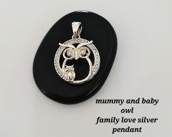 Sterling Silver Mummy & Baby Owl Pendant: Sparkling Stone Eyes