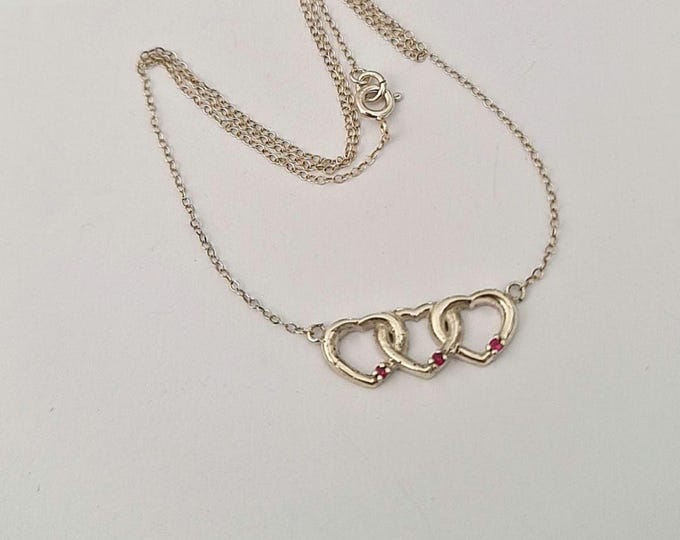 Sterling Silver Interlocking Hearts Necklace: Red Stone Accents, Romantic Gift