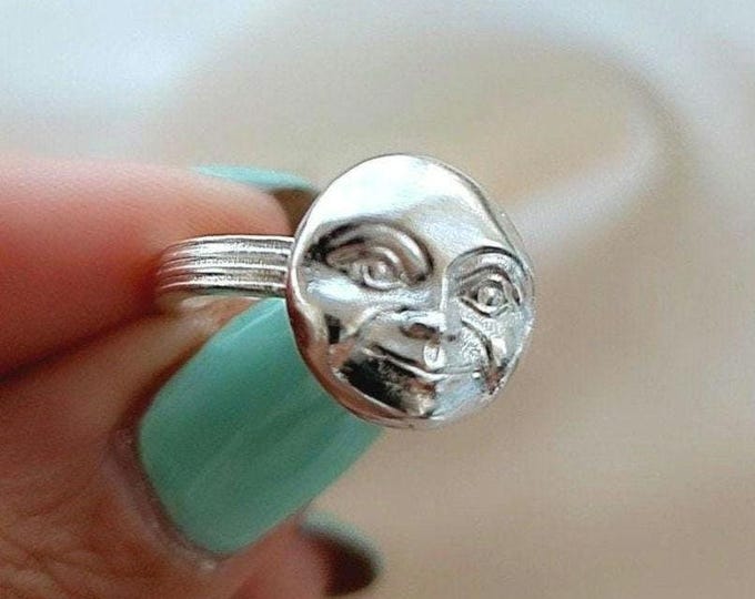Handmade Sterling Silver Full Moon Face Ring: Celestial Jewelry