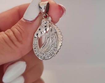 Sterling Silver Horse Pendant: Zircon Horseshoe Equestrian Necklace