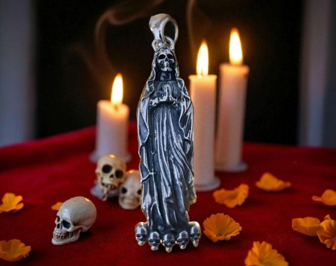 Handmade Santa Muerte Pendant  Sterling Silver Gothic Necklace