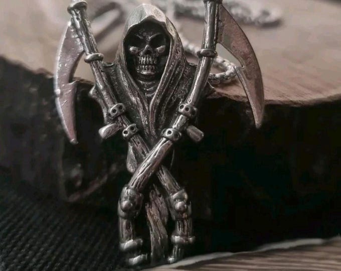 Gothic Grim Reaper Scythe skull necklace Santa Muerte necklace
