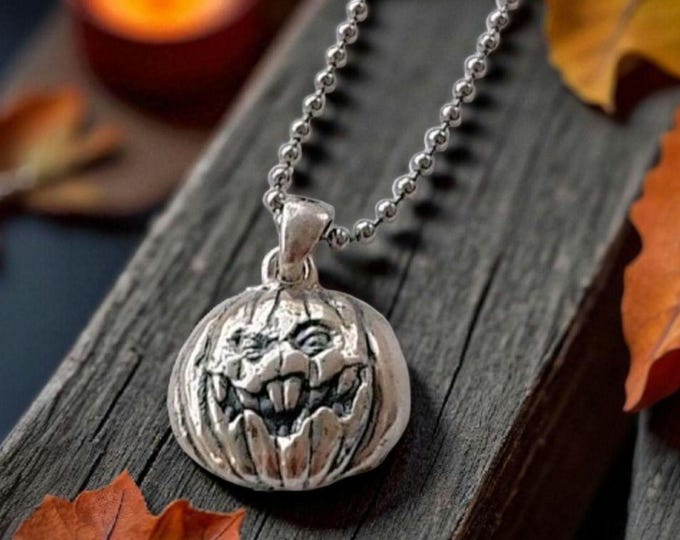 Jack-o'-Lantern Pumpkin Pendant -Spooky  Halloween Jewelry- Handmade Sterling Silver-