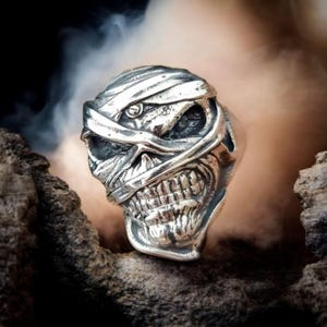Eddie Mummy Skull Ring – Egyptian Rock Jewelry – Unique Heavy Metal Statement Handmade Sterling Silver