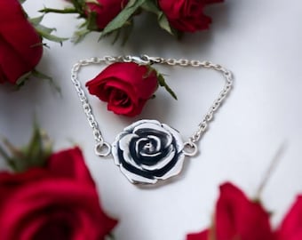 Sterling Silver Rose Bracelet: Chunky Elegant Flower Jewelry